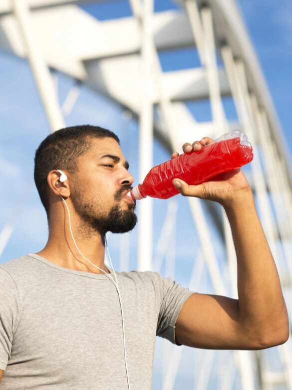 an athlete drinks an energy drink